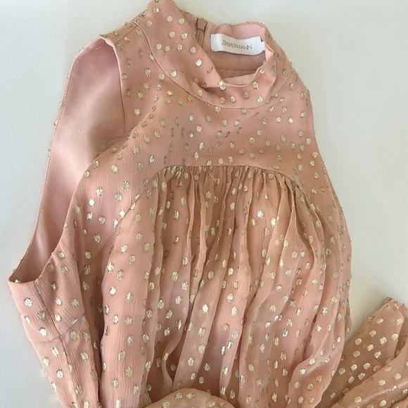 ZIMMERMANN SLEEVELESS TIE NECK DRESS Size 2 Blush Gold MIDI Party Glitter Dress - Picture 11 of 13